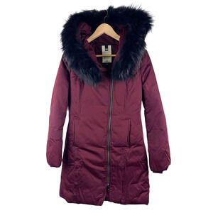 Soia & Kyo Burgundy Longline Raccoon Fur Trim Hood Down Parka Jacket Women's XS